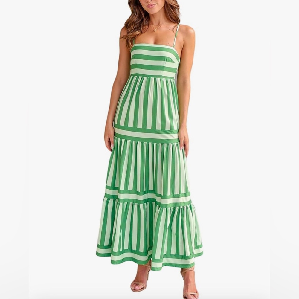 Green striped maxi spaghetti strap dress